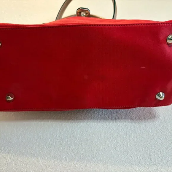 Red Nylon Shoulder Bag Tan Faux Leather Handles Classic Everyday Purse - Picture 3 of 10